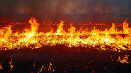 Environmental crisis. Wildfire flames consuming grasslands under smoky skies.