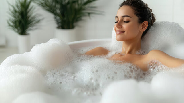 Woman taking a bubble bath with candles, Healthy care, Personal relaxation, 3D render