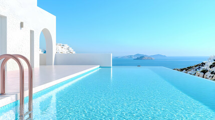 Infinity pool, luxury villa, Aegean sea view, island background, travel brochure