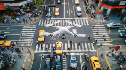 Birds-eye view of a vibrant city intersection showcasing busy cars and pedestrians during daylight hours
