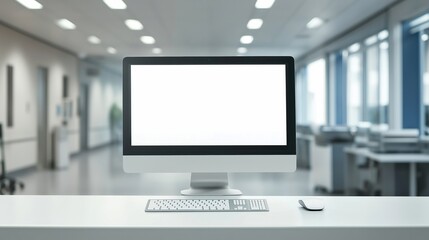 Destkop monitor, white keyboard, mouses and smartphone with blank white screen. Blurred hospital office background