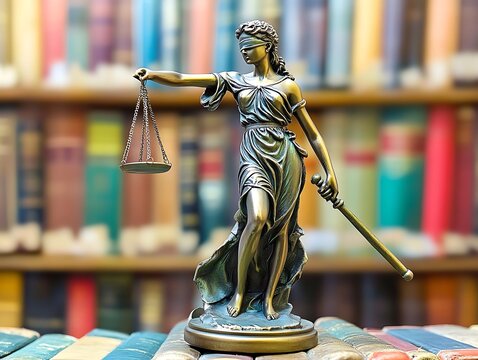 Justice statue, library setting, holding scales, legal concept