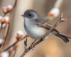 Naklejka premium Small bird perched on branch, winter flowers in background