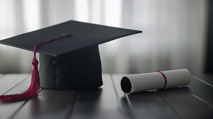 Graduation cap and diploma symbolize academic achievement and future aspirations.