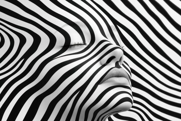 Abstract black and white portrait of a woman with wavy stripes, evoking emotions of serenity and introspection in a minimalist artistic style © VICHIZH