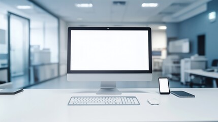 Naklejka premium Destkop monitor, white keyboard, mouses and smartphone with blank white screen. Blurred hospital office background