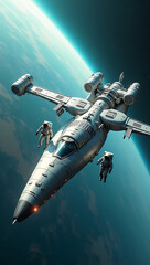 Obraz premium A dynamic 3D-rendered illustration of a futuristic space station orbiting a distant planet, with spacecraft docking and astronauts working outside. 