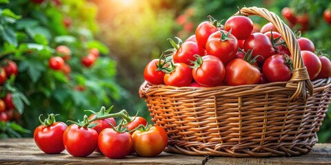 Vibrant red tomatoes overflowing from a large wicker basket, fresh produce, gardening