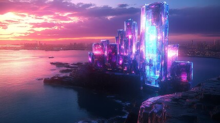 Futuristic luminous crystal city at dusk against colorful sky reflected in water creating dreamy otherworldly landscape concept