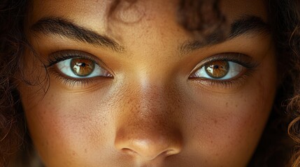 Close-up of a young woman's hazel eyes and freckled face.