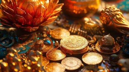 Golden coins, jewels, and artifacts on display, market, sunlight