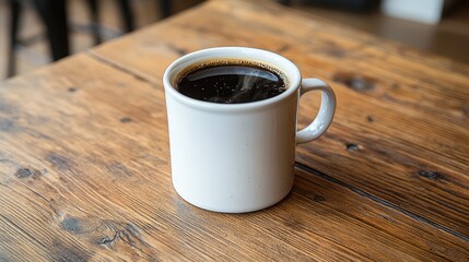 A full mug of black coffee sits on a rustic wooden table.