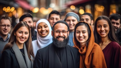 Cultural harmony: diverse figures, spiritual unity, smiling faces, global connection, interfaith respect, inclusive representation, human solidarity, shared values, multicultural community.