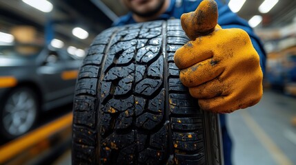 Mechanic showing worn tire, thumbs up.