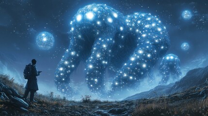Naklejka premium Luminous cosmic entity looms over lone traveler in a mountainous landscape under a starry night sky.