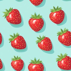 Vibrant strawberries pattern cyan background graphic design flat layout top-down view fresh concept