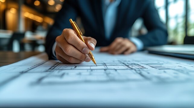 Close-up of a person's hand holding a pen, reviewing architectural blueprints on a table.