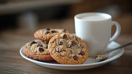 Three chocolate chip cookies on a plate beside a cup of coffee.
