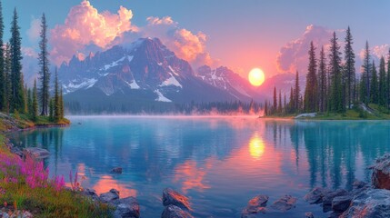 Fototapeta premium Sunrise over a serene mountain lake reflecting the vibrant colors of the dawn sky, mist rising from the water, and wildflowers in the foreground.