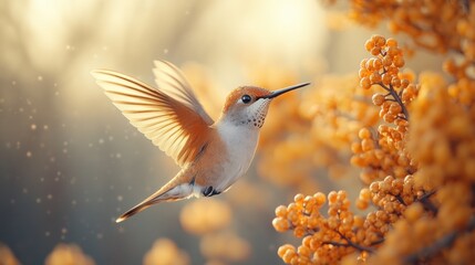 Fototapeta premium Hummingbird in flight near yellow berries at sunset.