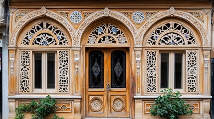 Obraz premium Ornate wooden door and windows with intricate carvings and arched design.