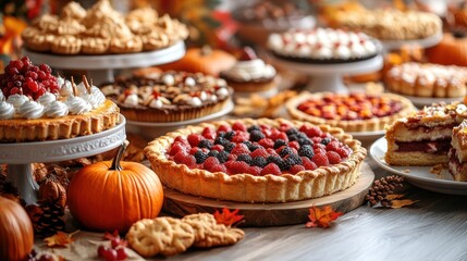 Fototapeta premium Assorted autumn pies and pastries displayed on wooden table with pumpkins and fall leaves.