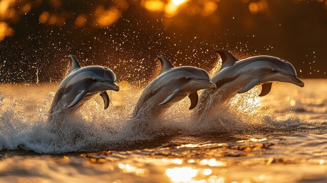 Three dolphins leaping from ocean water at sunset.
