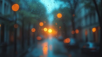 Rainy city night view through wet window