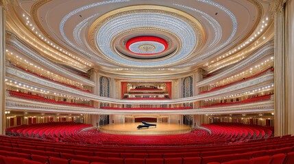 Obraz premium Grand concert hall interior with red seats, a stage, and a piano.