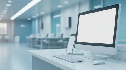 Fototapeta premium Destkop monitor, white keyboard, mouses and smartphone with blank white screen. Background blurred white desk modern office 