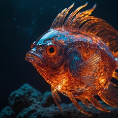 Fototapeta premium A mystical phoenix-themed crystal fish with glowing fiery patterns.