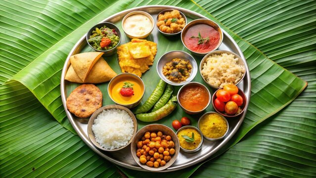 Traditional Navratri upwas thali on banana leaf with a variety of fasting foods including dal, rice, vegetables