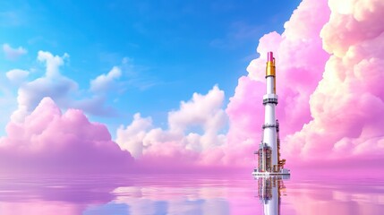 Surreal Saxophone in a Dreamlike Pink and White Cloudscape Reflected in Calm Water