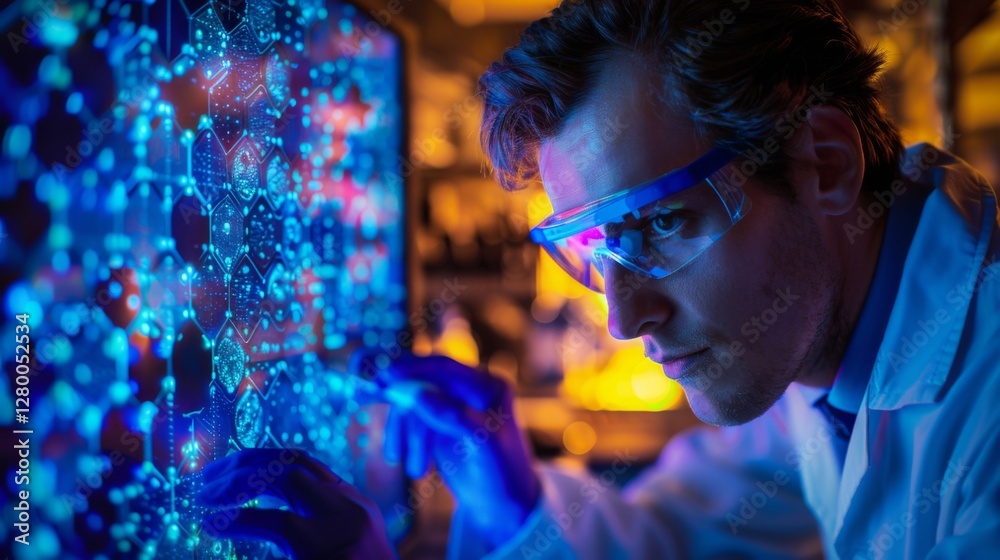 Aufkleber A scientist in a lab coat is examining intricate data visualizations on a glowing screen, surrounded by laboratory equipment and vibrant lighting in a modern research facility at night.