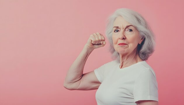 Strong senior woman flexing her arm against pink background