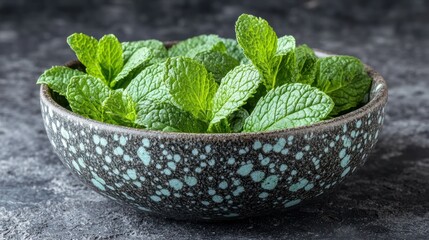 Fresh mint leaves in a speckled bowl on a dark surface.