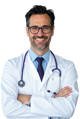 A smiling doctor with dark hair and glasses is posing with his arms crossed.