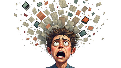 Simple 2D illustration of a human head with an open top, and a chaotic flood of papers, screens, and messages pouring in, symbolizing information overload, on a plain white background.