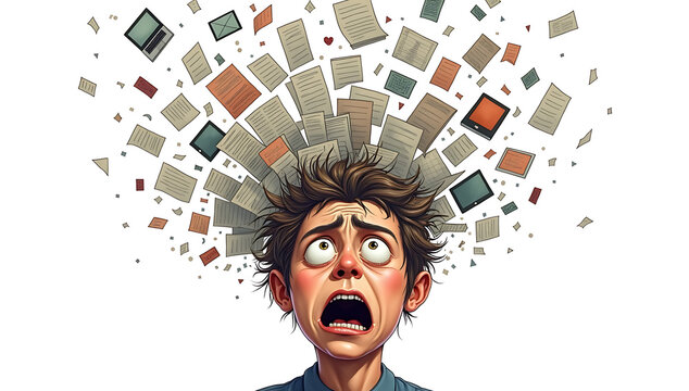 Simple 2D illustration of a human head with an open top, and a chaotic flood of papers, screens, and messages pouring in, symbolizing information overload, on a plain white background.