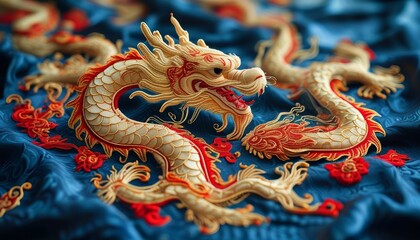 Fototapeta premium Exquisite Silk Fabric with Intricate Embroidered Dragon