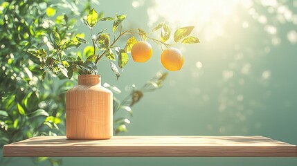 Sunlit oranges in vase on wooden shelf, green background, nature scene, home decor