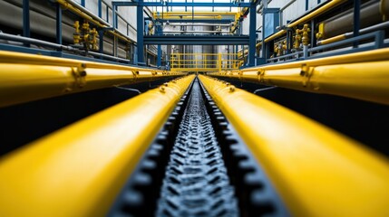 Fototapeta premium Industrial facility showcasing yellow pipes and conveyor system in a well-lit environment