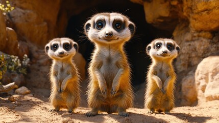 Fototapeta premium Three cute meerkats standing in front of a cave.