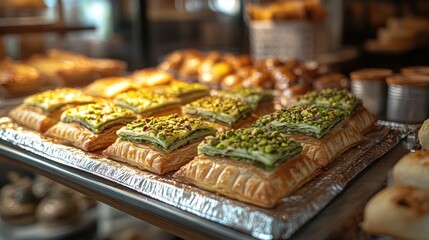 Fototapeta premium Delicious pistachio pastries displayed on a tray in a bakery showcase.