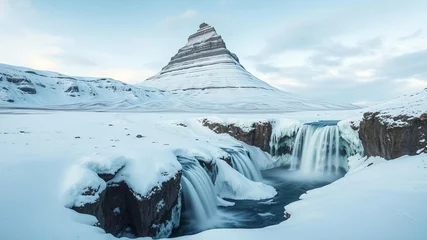 Beautiful landscape of Kirkjufellsfoss with iconic mountain landmark in late winter, beauty, destination, scenic