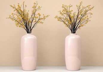 Symmetrical Floral Arrangement Pale Pink Vases and Yellow Branches