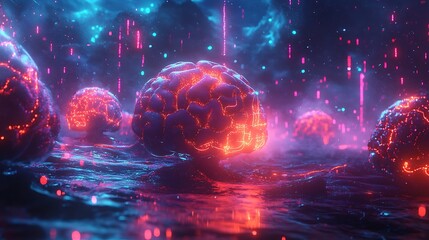 A cluster of glowing cyber brains, intricately connected to a central quantum core radiating vibrant energy waves, surrounded by swirling holographic data streams and dynamic neon light trails,