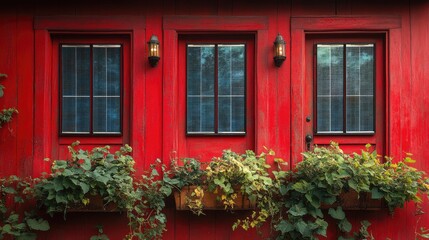 Red building doors, plants, garden, windows, exterior