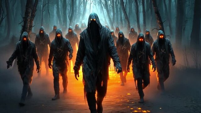 Hooded warrior guides a party through a twilight forest, illuminated by glowing runes and enchanted pathways. Epic fantasy.
