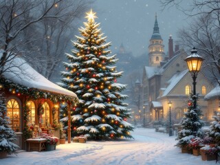 Fototapeta premium Christmas tree adorned with lights in snowy town center